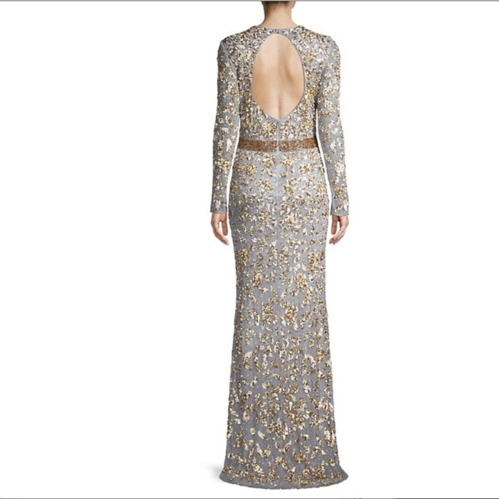 NWT $598 Mac Duggal Beaded Long Sleeve, Open Back Sequined Gown with Train, Sz 6